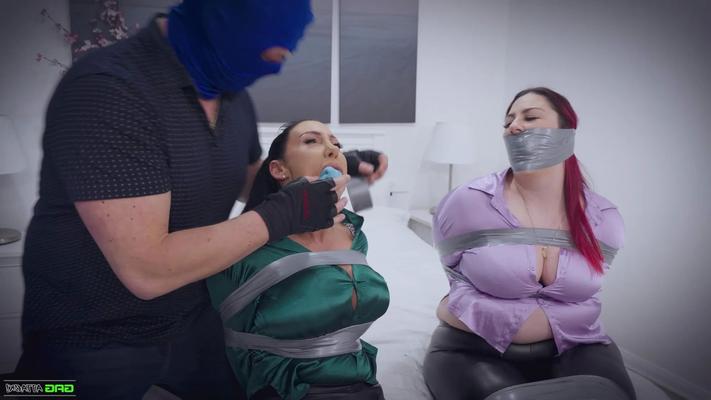 Lacey & Mila - Double Cross in Bondage Tied & Tape Gagged - 25 Pics