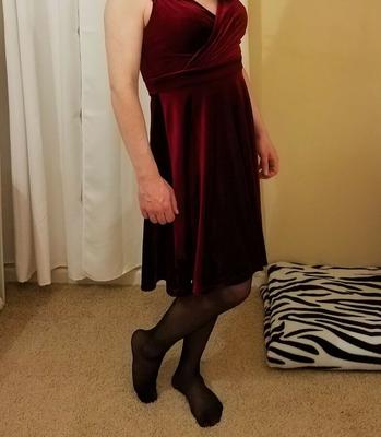 Sissy in a Red Velvet Dress Showing His Hard Little Dick