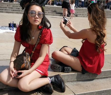 pretty asian in red dress, no bra