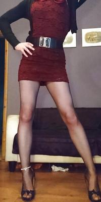 Marie crossdresser in red lace dress and sheer pantyhose