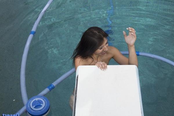 Tatted up skinny latina pooltime and pussy play