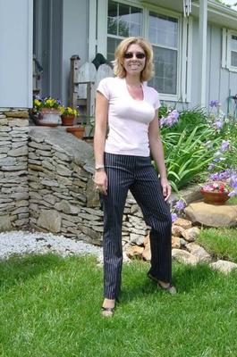 Blue Pinstripe Pants And Beige Pantyhose
