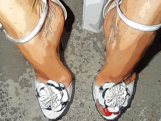 abusing her black and white platform heels