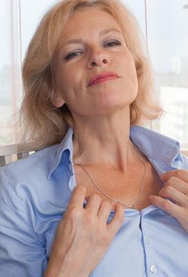 Mature Blonde Diana - Blue Blouse Black Stockings
