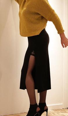 Mustard jumper, black skirt &amp; stay up stockings