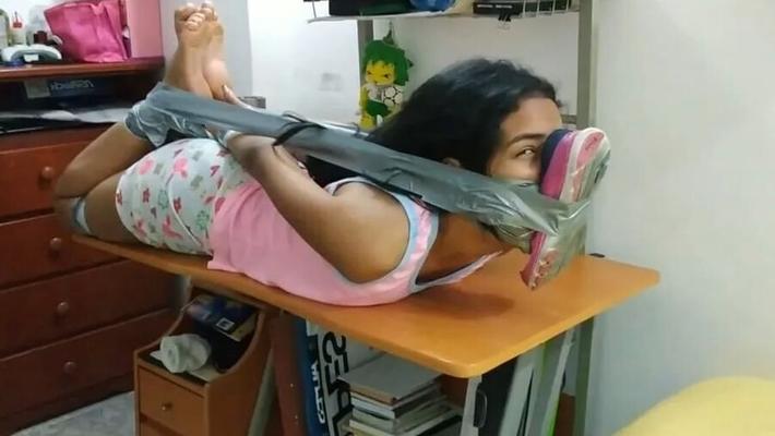 Babysitter Hogtied With Shoe Tied To Her Face - Selfgags
