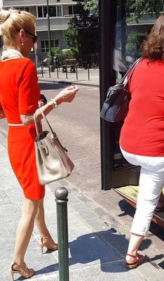 blonde in red dress and tan pantyhose