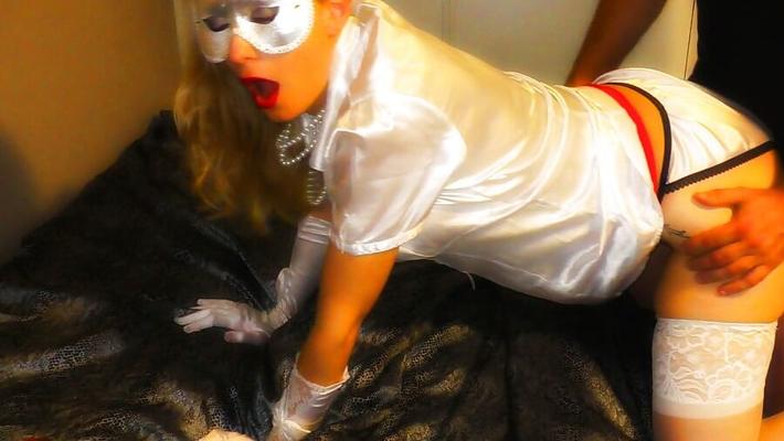 White satin blouse, red skirt, string bikini satin panties