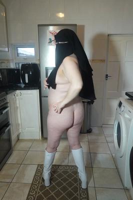 Naked in Niqab and white Knee Boots