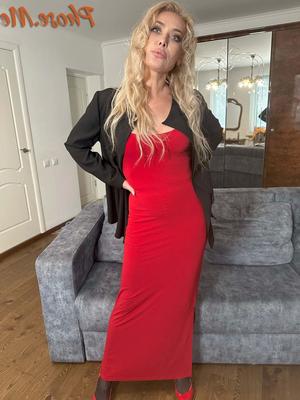 Blonde MIlf In Red Slit Dress, Black Pantyhose and Heels - 28 Pics