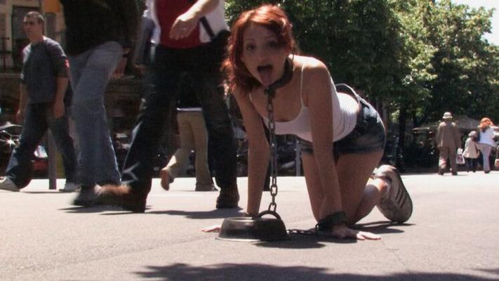 Beautiful Spanish redhead tied up, stripped bare, and fucked on the streets