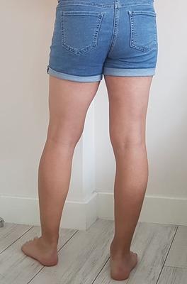 Denim shorts and bare legs