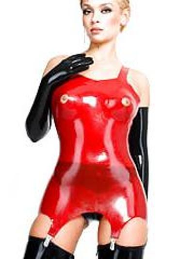 13P Latex mini skirt, sheer nylons and high heels
