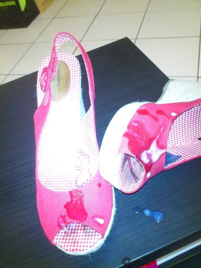 6P Cum on my girlfriend's red open toes heels