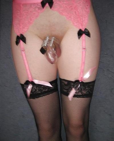 10P Sissy Bella in Pink Suspenders, Stockings and Chastity Cage