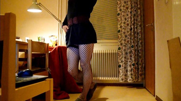 6P Trap in dress and stockings with buttplug behind