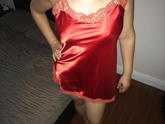 11P Red satin slip teasing 