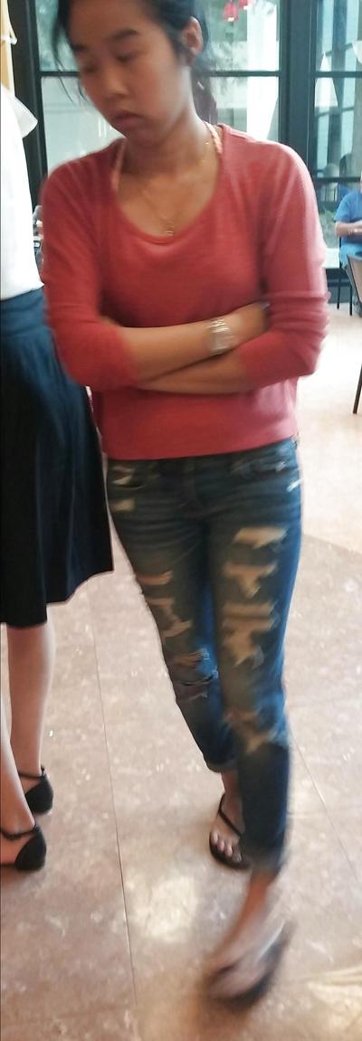 14P Skinny Asian teen feet and ass in jeans with face. 