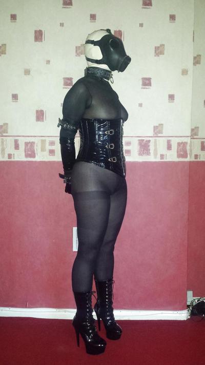 8P Slave girl wearing white rubber hood and gas mask 