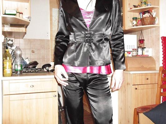 20P Black satin trousers and pink satin top
