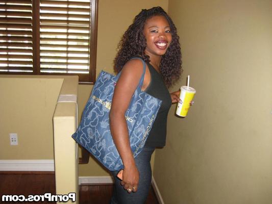 10P Hot ebony girl with firm big tits spreading legs & giving wet handjob
