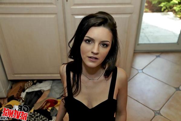 12P Young brunette girlfriend Kacey Quinn flashing no panty pussy in black nylons