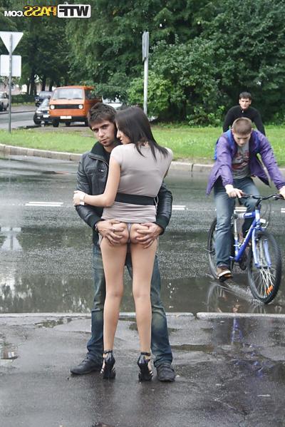16P Pretty teen brunette babe on high heels doing upskirt outdoor