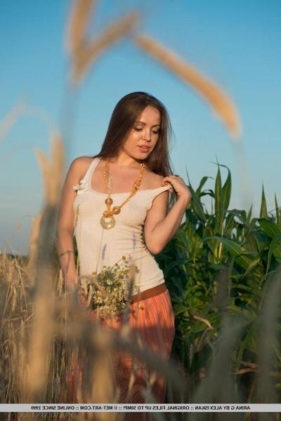 17P Pretty girl Arina G shows off her hairy pussy for you in a field