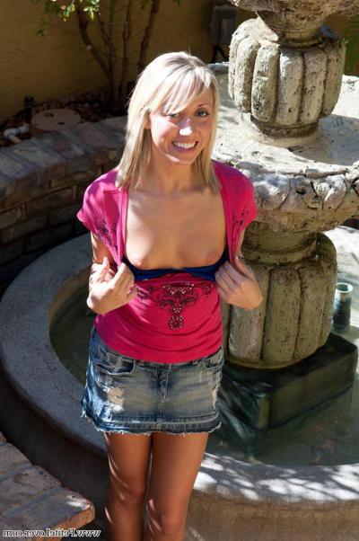 16P Beautiful blonde teen Kelly shows off her puffy nipples and tight pussy upskirt