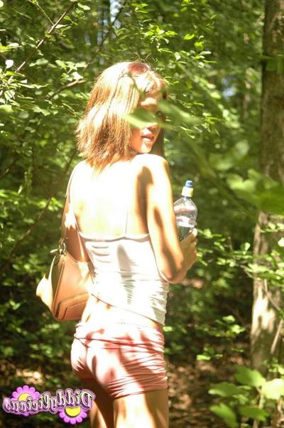 12P Brunette teen Diddylicious teases in her tank top and shorts in the forest
