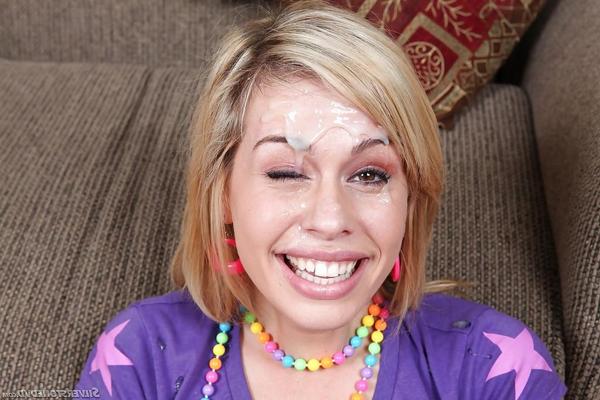 16P Blond girl Tara Lynn Foxx taking jism on face from big dick in argyle socks