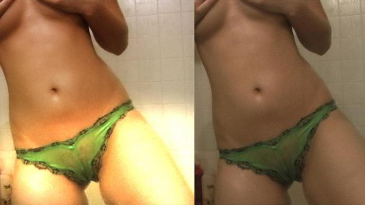 16P Kari Sweets takes a shower in sheer green panties