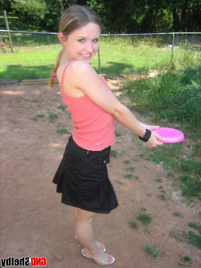 12P Perky teen Shelby flashes her tits outside while playing around