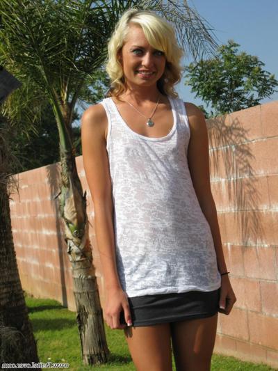16P Blonde teen Tiff shows you she's wearing nothing up her skirt