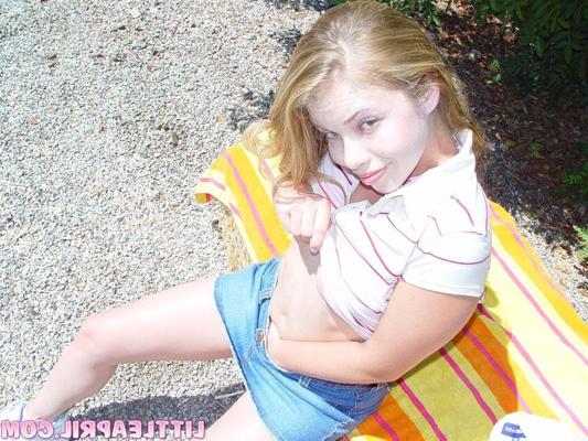 12P Blonde country girl Little April shows you what's up her skirt