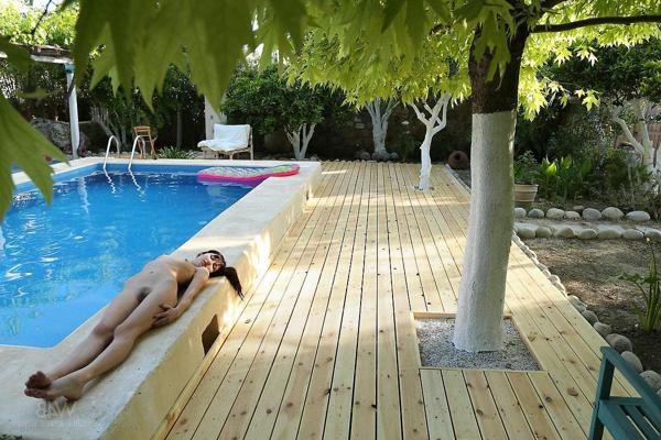 16P Beautiful girl Martina D spreads her pretty legs for you by the pool