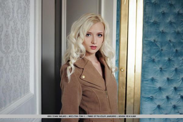 18P Hot blonde teen Nika N strips down to her heels and flaunts her super tight pussy