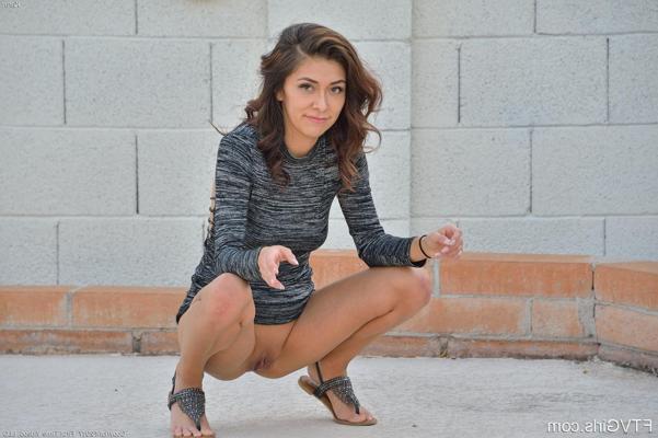 15P Brunette teen Kara shows you what's under her dress outside