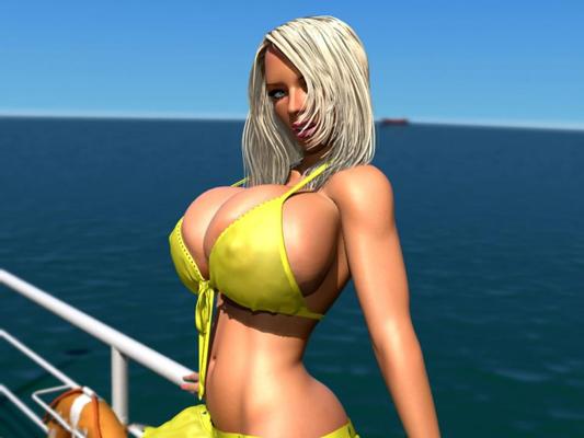 12P Busty 3D blonde babe shows her huge boobs under bikini outdoors