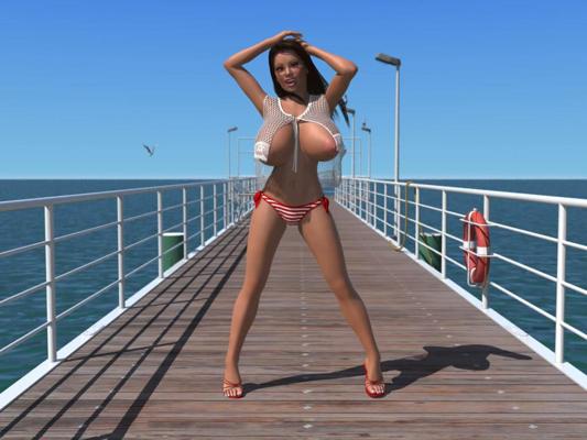 12P 桟橋でメロンを露出する巨乳の 3 D ブルネットのひよこ