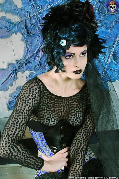 15P Fashionable corsetted Gothic beauty undressed