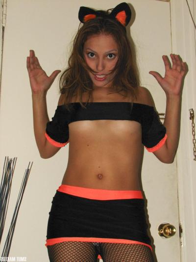 15P Latina teen is ready for Halloween in her cute Kitty costume
