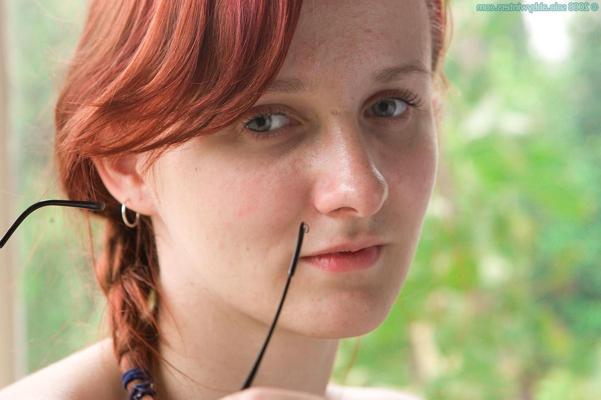 15P Busty pale redhead amateur fingering her unshaven hairy pussy
