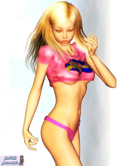 16P Chica rubia de dibujos animados muestra debajo del pecho