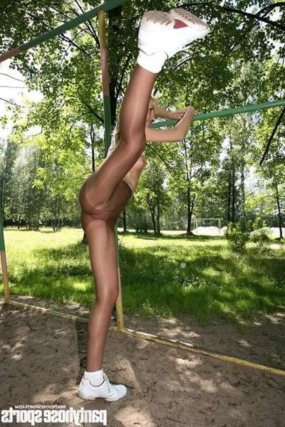 15P Horny blonde at pantyhose aerobics training action