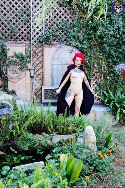 15P Magical pale redhead naked Cosplay in the garden