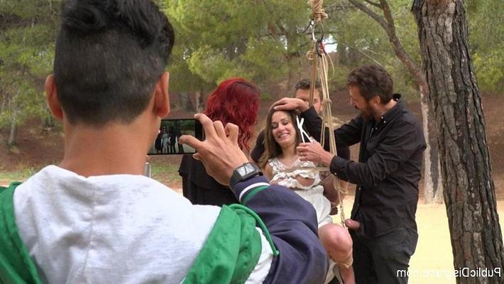 25P Alexa Nasha is public bound and fucked by kinky trio with a crow