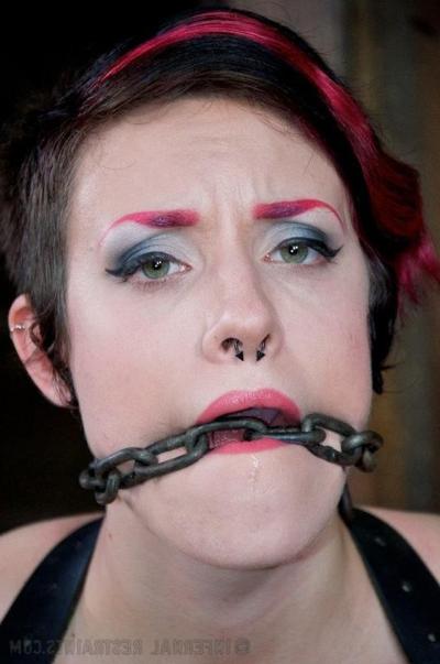 16P Iona Grace busty is spread in leather strap dungeon bondage
