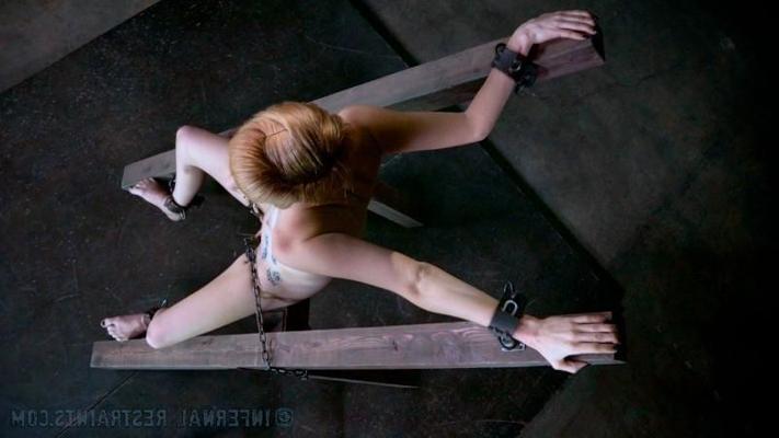 16P Kay Kardia blonde is locked down in metal her pussy spread and naked body expose