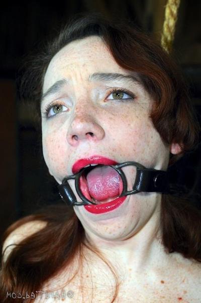 16P Maggie Mead bound on high heels and stockings her mouth spread